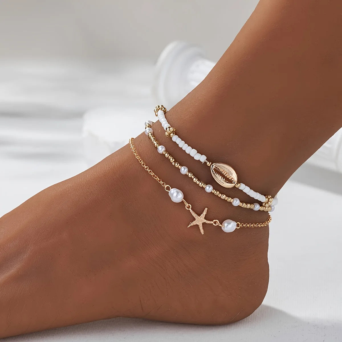 Cadena de Tobillo Mediterránea — Perlas, Conchas y Estrella de Mar