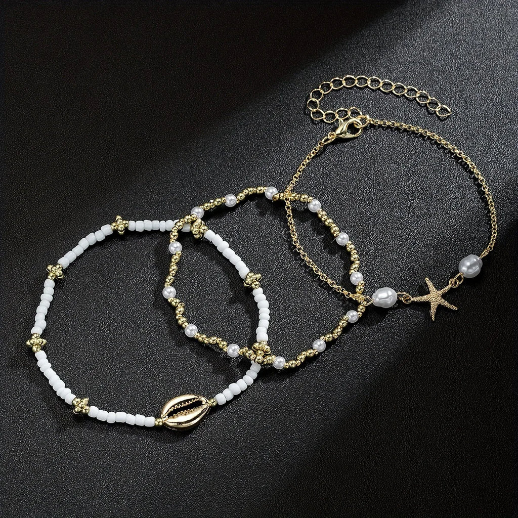 Cadena de Tobillo Mediterránea — Perlas, Conchas y Estrella de Mar