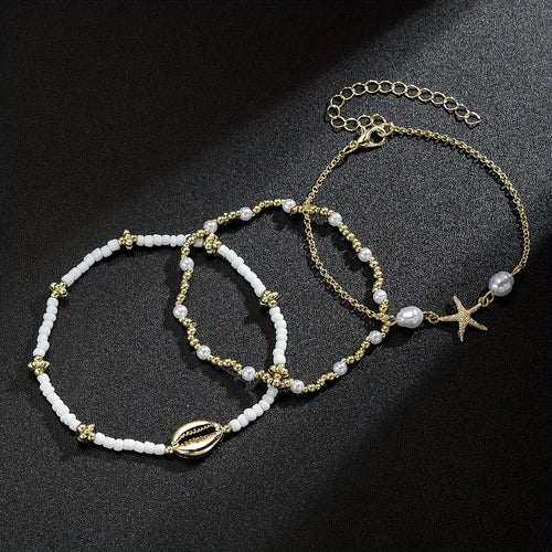 Cadena de Tobillo Mediterránea — Perlas, Conchas y Estrella de Mar